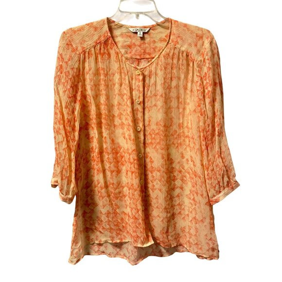 Cabi Womens Button-Down Silk Sheer Blouse Sz M Orange & Cream Geometric Print - Picture 6 of 12